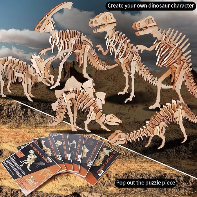calary 3D Wooden Puzzle Simulation Animal Dinosaur Assembly DIY Model Toy for Kids and Adults,Set of 6