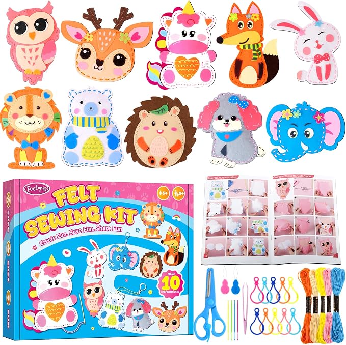 Sewing Kit for Kids, 10 Easy DIY Project of Stuffed Animal with Instruction | Funtopia Beginners Sewing Toys and Birthday Gift for Girls Boys, Felt Arts and Crafts for Kids Ages 5-8 8-12