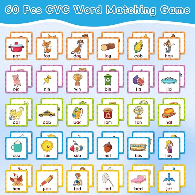 CVC Word Games Kindergarten, Memory Games for Kids Ages 4-8 & Matching Game | for Toddlers 3-5, 60 PCS Phonics Games Flash Cards, Educational Toys Homeschool Bakc to School Supplies for Boys and Girls