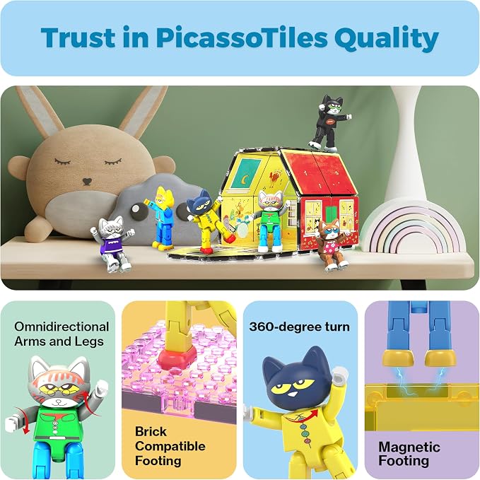 PicassoTiles 6pcs Pete the Cat Magnetic Figures Family Animal Action Character Toddler Toys Magnet Expansion Pack Building Blocks Add-on Educational STEM Learning Kit Construction Brain Tiles PTC01