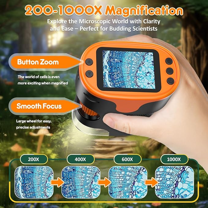 Kids Digital Microscope STEM Toy: Complete Science Gift Kit for Ages 4-12 | 32GB Card for Photos & Video / Custom EVA Case / Real Glass Slides / Upgraded Slide Slot / Rechargeable / 1000X / 4K Screen