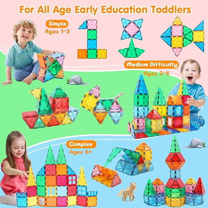 Mruikeny Magnetic Tiles Building Blocks for 3 4 5 6 7 8+ Years Old Boys Girls Colorful Magnet Stacking Toys Birthday Gift for Toddlers STEM Preschool Educational Construction Tiles Set | Colorful Magnet Stacking Toys Birthday Gift for Toddlers STEM Pre...