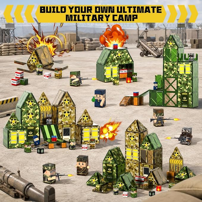 Bmag 109 PCS Military Magnetic Tiles Set, Army STEM Building Toys, Camo Printed Construction Blocks, Educational Play Gifts for Boys Girls Ages 3-12