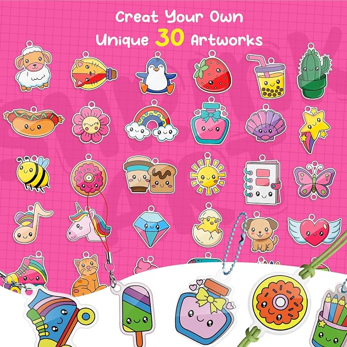 Piano Potato DIY Shrinking Art Kit for Kids - 30 Pre-Cut Shrink Plastic Sheets & Keychain Making Kit, 8 Acrylic Markers, Charms, Bracelets, No Mess Creative Activity, Birthday Gift for Girls Ages 6+