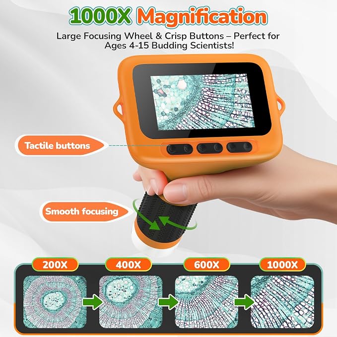 Kids Digital Microscope with 3-Inch Screen: STEM Toy Science Gift Ages 4-12 | 32GB Card, 1000X Zoom, Rechargeable, Photo/Video, Connect to PC, 8 LEDs, 6 Brightness Levels, One-Touch Capture