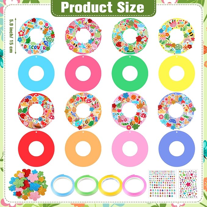 Hollowfly 48 Sets Spring Wreath Craft Kits, 8 Designs | Flower, Bee, Butterfly and Tulip Stickers, 5.9 in Cardboard Wreaths for Group Activities and Party Favors