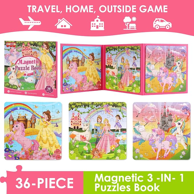 Magnetic Puzzles for Kids Ages 4-6, 36-Piece Preschooler Travel Toys Princess Puzzles Ages 3-5, Educational Learning Magnets, Ideal Road Trip Activities Toys for 3 4 5 6 Girls