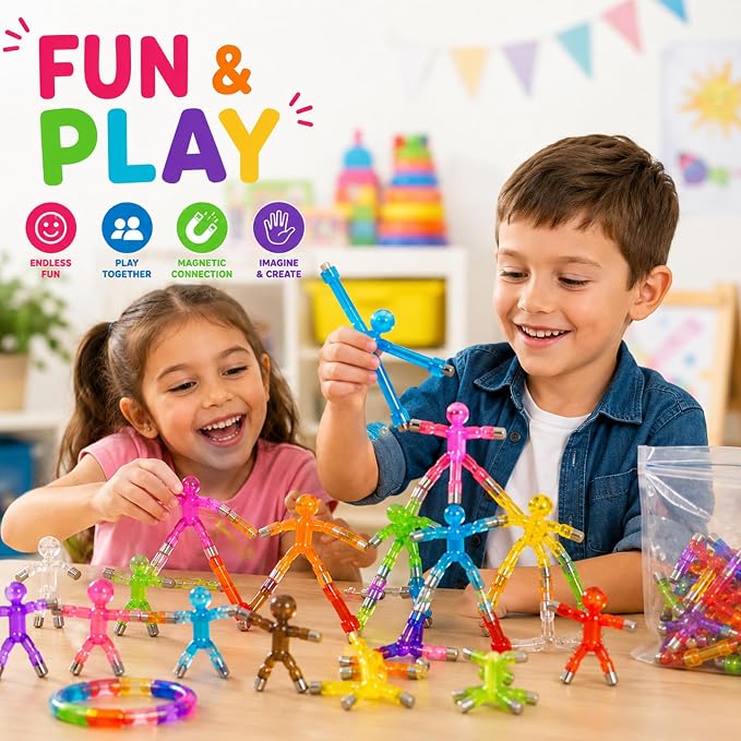 Travel Toys for Kids Ages 3-8, 10 PCS Magnetic Men Figures, Airplane Toy, Road Trip Activities, Sensory Fidget Toys, STEM Building Set, Quiet Screen-Free Toy for Car, Restaurant & Classroom
