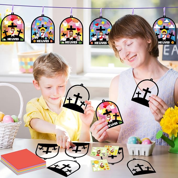 Qyeahkj 36 Set Easter Jesus Cross Suncatchers Crafts for DIY Christian Religion Cross Window Tissue Paper Craft Kit Hanging Decor for Home Activity Art Project Birthday Party Favor