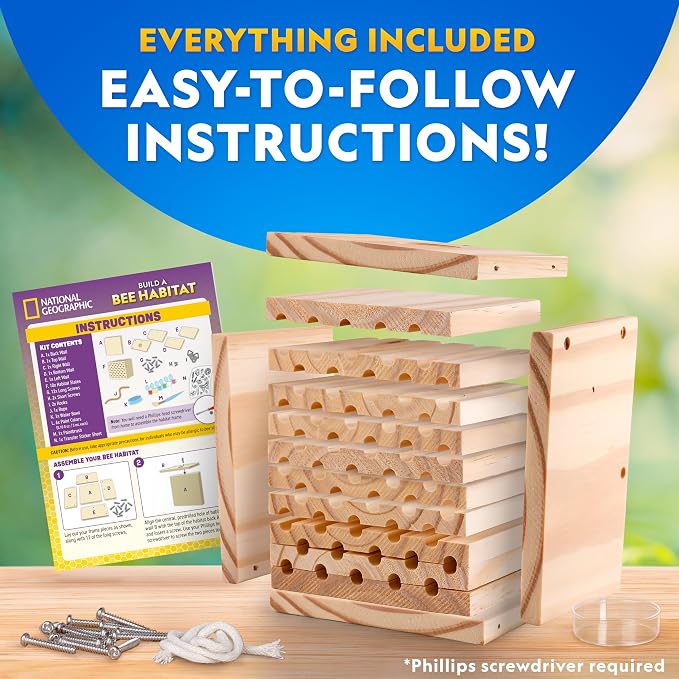 National Geographic Build a Bee Habitat Nature Craft Kit for Kids | Build and Paint a Mason Bee House, Outdoor Nature Craft, Pollinator Learning, Solitary Bee Hotel, Birthday Gift