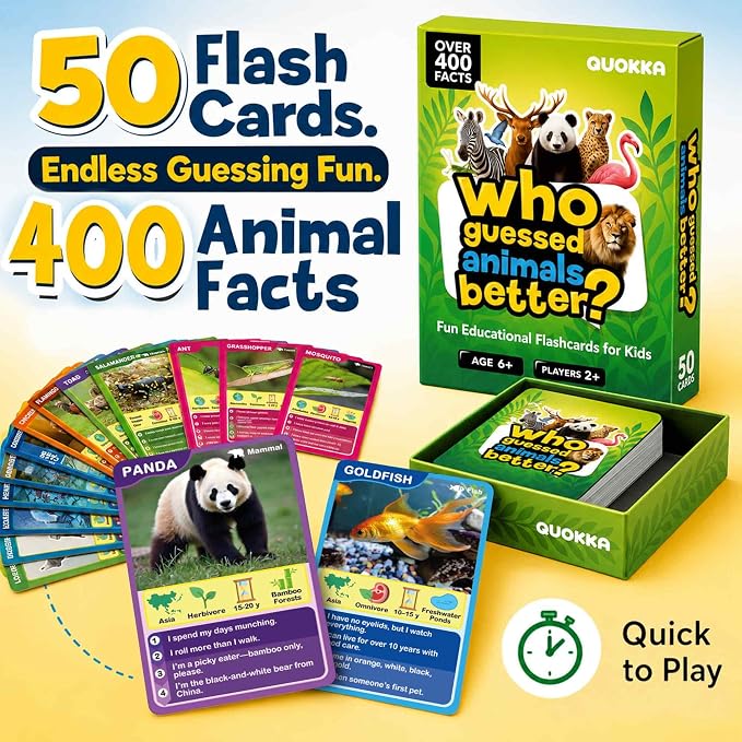 Quokka Who Guess It Better Animals Volume 2 – Educational Game with Visual Clues, Animal Discovery Card Set, 50 Cards, Screen-Free Travel Game for Kids Ages 6+
