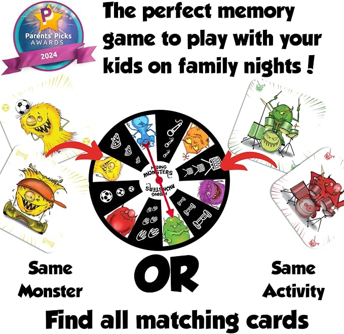 Hiding Monsters Award Winning Memory Games for Kids Ages 4-8. Spinner Wheel | Award-winning memory game with a spinner wheel. Easy to learn, high replay, fun for kids and families. Matching game