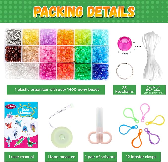 Pony Beads Kit for Keychain Making, Glow in the Dark Bead Pets for Kid Girl | Animal Beaded Kit with 25 Design Instructions Storage Box, Funtopia Beginners Kids Craft, Rainy Day Group and Family Activity