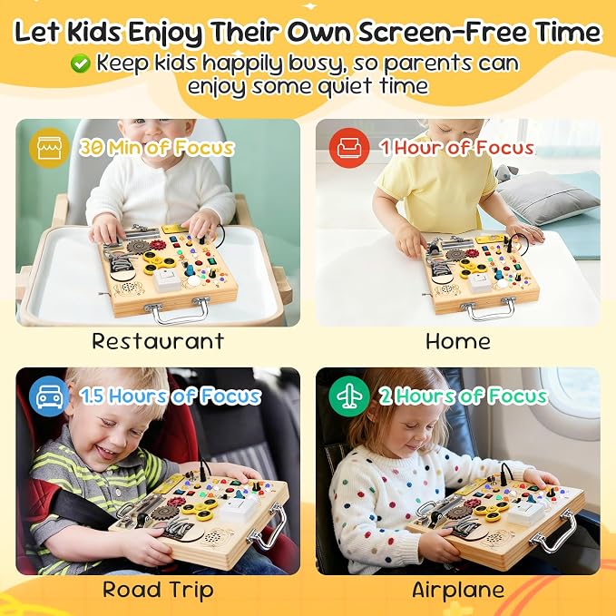 Montessori Busy Board for Toddlers, Sensory Activity & LED Lights Switches | Wooden Busy Board with Music Boxes & Locks & 17 LED Lights, Travel Educational Toy, Birthday Gift for Boys & Girls