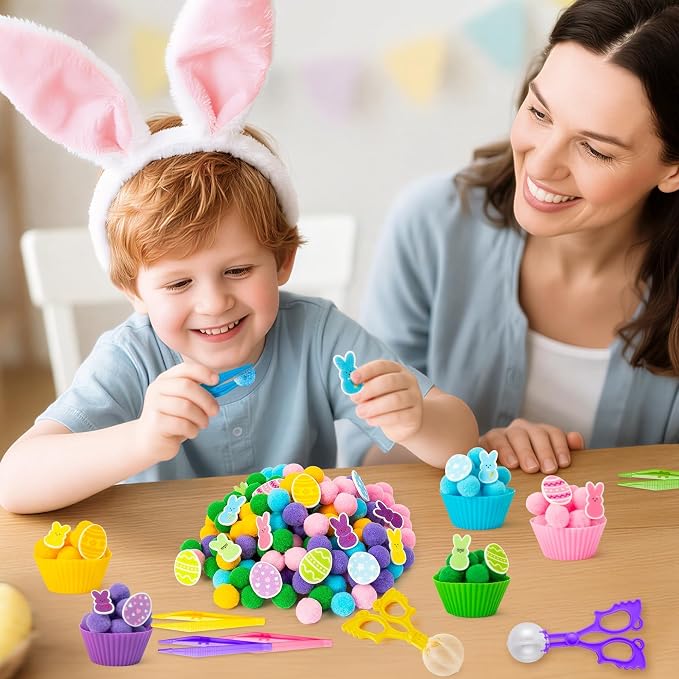 EZdhuawuse Summer Sensory Bin Fillers Toys for Kids - 268 Summer Egg Bunny Fine Motor Toys Birthday Gift, Counting Sorting Toys with Felt Egg Rabbit Pom Pom Cup Clips, Preschool Learning Activitie