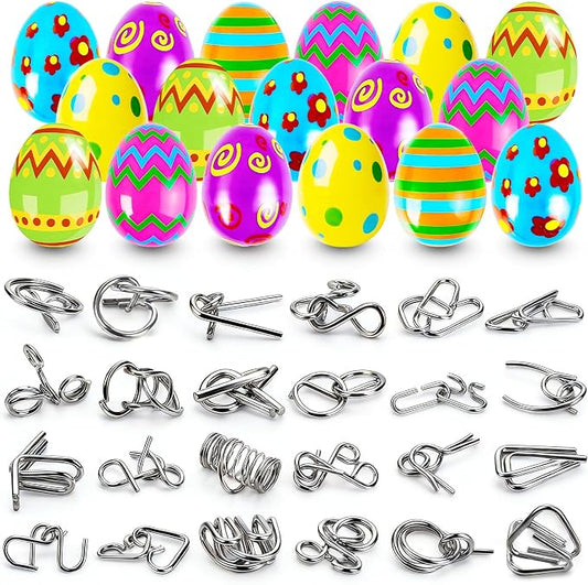24 Pcs Prefilled Easter Eggs with Brain Teaser Puzzles Toys for Kids,Easter Basket Stuffers Filled with Metal Montessori Solving Bulk 3D Unlock Logic Gifts for Boys Girls,Party Favors