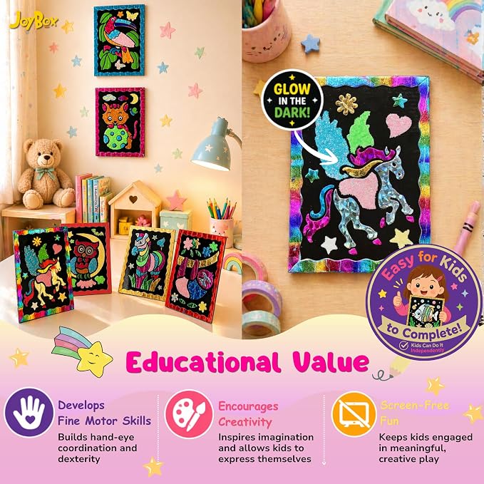 JoyBox Foil Fun–DIYKids Paper Foil Art Craft Kit for&Travel Screen-Free Fun | Birthday Party Gifts for Ages 4-9 and Up,Art Travel Toys for Boys Girlsmagical unicorn‑themedincludes glow‑in‑the‑dark