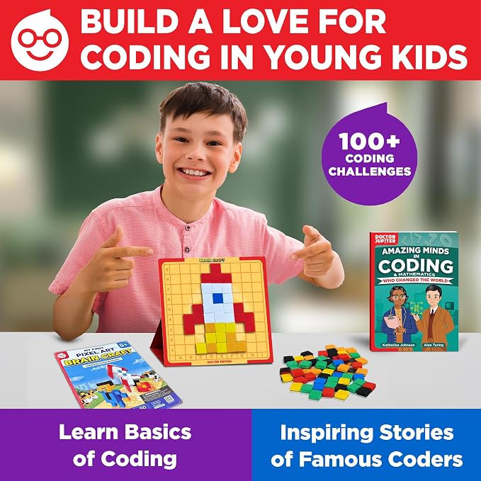 Doctor Jupiter My First STEM Pixel Art Kit for Kids Ages 5+ | 100+ Coding Challenges, Birthday Gift for Boys & Girls Ages 5,6,7, Montessori Educational Math Toy