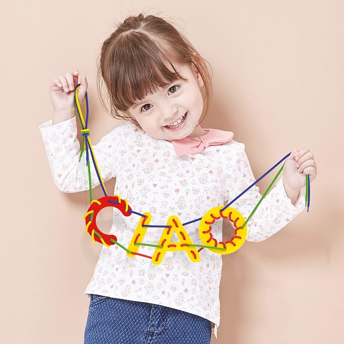 Quercetti: Play Montessori: ABC & 123 - Lacing - 53pc Craft Toy Set, Laces, Letters, Numbers, Coloring Book, Develops Fine Motor Skills, Kids Ages 3+