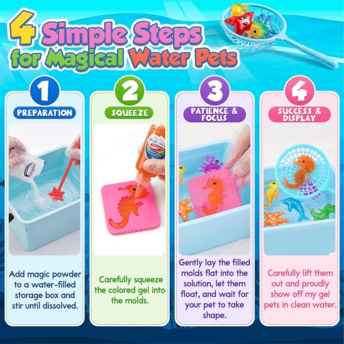 Nisuez Magic Water Elf Toy Kit - 50 Magic Gels (4 Type) & 20 Colorful Molds | DIY Squishy Making Kits Sensory Toys for Kids Color Shape Recognition & Fun Early Learning, 2 Display Bottles & Storage Bins