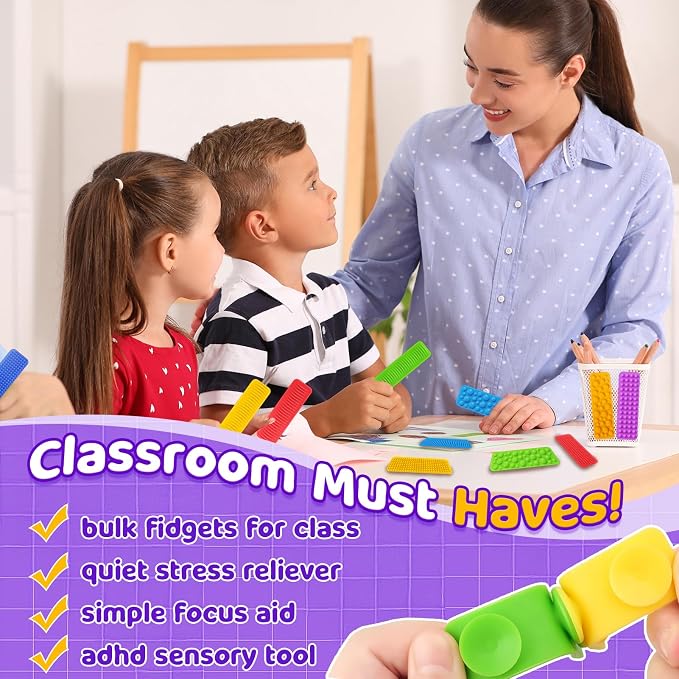 Sensory Fidget Toys Kids Adults: 24 Pack Textured Suction Toys for Autism | Sensory Stickers for Stress Relief - Fidget Strip for Classroom Office - Special Education Classroom Prizes Must Haves