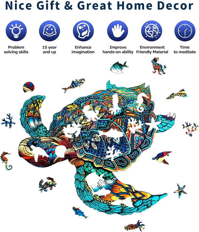 Jigfoxy Wooden Puzzles for Adults, Sea Turtle Wooden Jigsaw Puzzles for Adults Kids, Unique Animal Shape Wood Cut Puzzles, Christmas Thanksgiving Gifts for Family Turtle Lover (S-9.1 * 7.7in-100pcs)