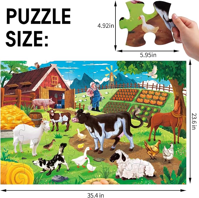 Jumbo Floor Puzzle for Kids,48 Piece Farm Animal Jigsaw Puzzle Ages 3-8 | Barn Puzzle,Extra-thick Cardboard,Preschool Learning Toy,35x24 in Completed,Children Educational Gift for Boys and Girls