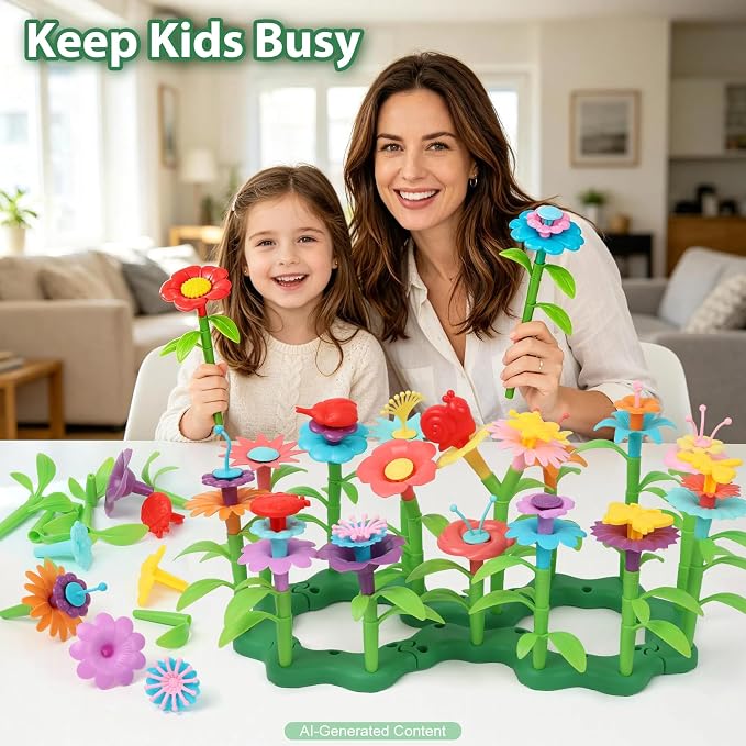 IQKidz Toddler Toys for Girls 2-4 Years Old, Flower Garden Building with Insect Features, Storage Box for Kids Age 3 5 6 7 8, Stacking Educational Preschool Learning STEM Activities 157 pcs