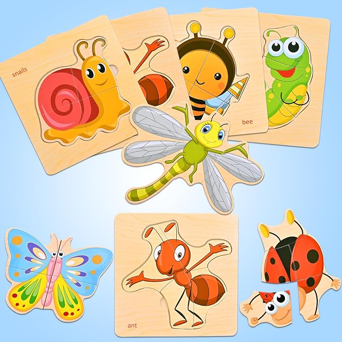 Faburo Wooden Puzzles for Toddlers 1-3, 8pcs Shapes, Insect Animal Themed Montessori Toys for 1 Year Old Learning, Educational Preschool Toys for Boys Girls | Montessori Toys for 1 Year Old Learning, Educational Preschool Toys for Boys Girls