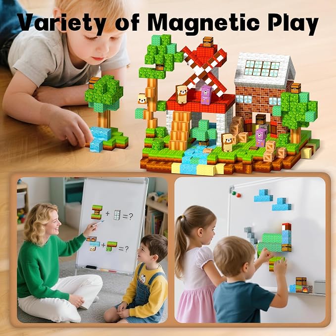 150 PCS Magnetic Building Blocks Toys-Magnet Cubes Green Forest Set Creative Stacking Titles for Kids STEM Montessori Learning Birthday Gifts for Toddler Age 3+ Years Old Boys and Girls
