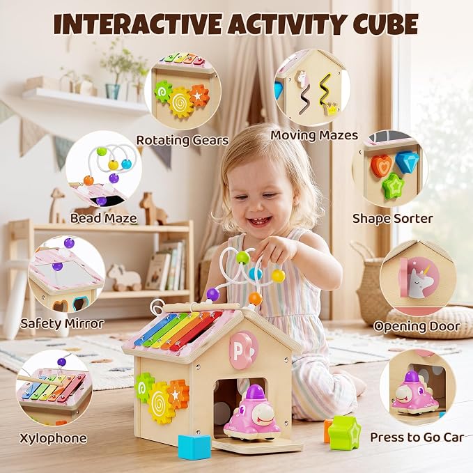 Wooden Activity Cube for Toddlers 1-3 with Press to Go Car Toy, Montessori Baby Educational Learning Toys for Kids, Multipurpose Infant Activity Center, for Girls Boys 1+ Year Old