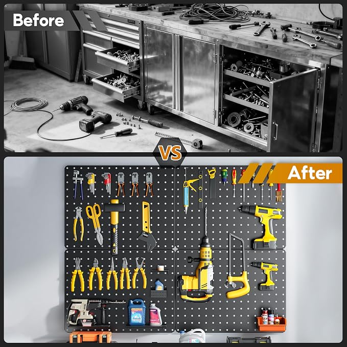 Peg Board, 110pcs Metal Pegboard Kit, Includes 4 Pack Black Peg Board Panels with Accessories and Hook Locks, Large Heavy Duty Peg Boards for Walls Home, Garage Tool Storage, Workbench