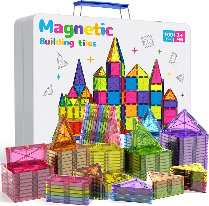 Premium Magnetic Tiles 100pcs: Durable STEM Building Blocks Kids 3-8 | Iron case with handle, lid as play base. 7.5cm tiles, sealed, ASTM & CPSIA safe. Montessori STEM for preschool. Gift 3-8