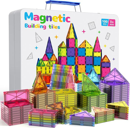 Premium Magnetic Tiles 100pcs: Durable STEM Building Blocks Kids 3-8 | Iron case with handle, lid as play base. 7.5cm tiles, sealed, ASTM & CPSIA safe. Montessori STEM for preschool. Gift 3-8