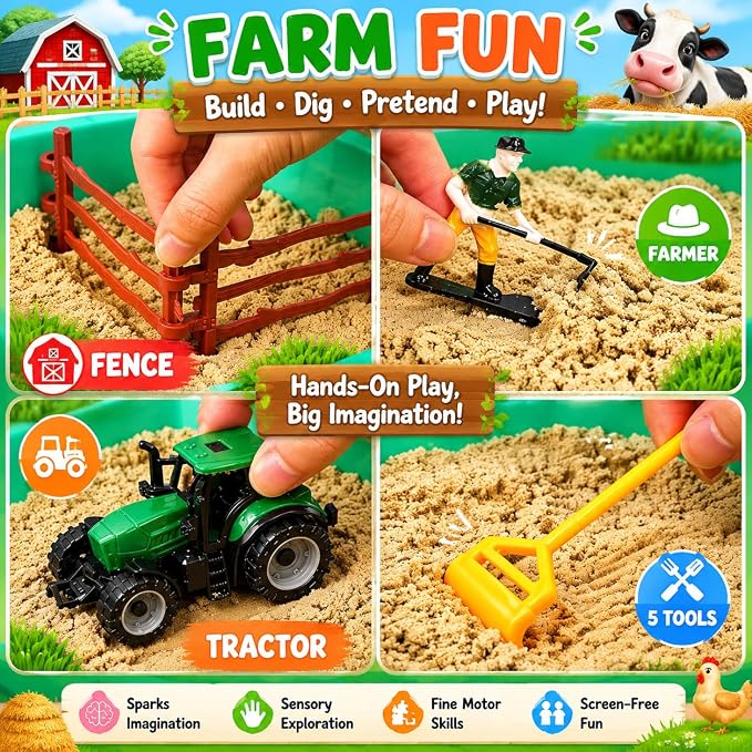 AGENTLAN Farm Sensory Bin with Sensory Sand, Farm Toys for Ages 3-8 | Moldable sensory sand, farm animal sensory toys, portable storage bin, pretend play, travel activity, gift for kids ages 3-8