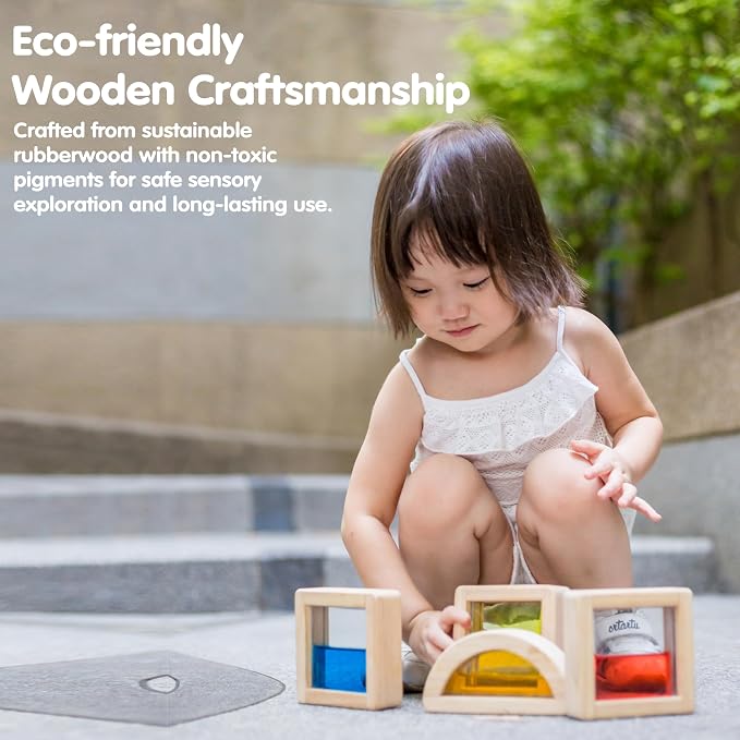 PlanToys® Water Blocks Wooden Montessori Sensory and STEM Building Toy | Light, Colour, Creativity and Fine Motor Skill Development | Eco Friendly Open Ended Learning Activity