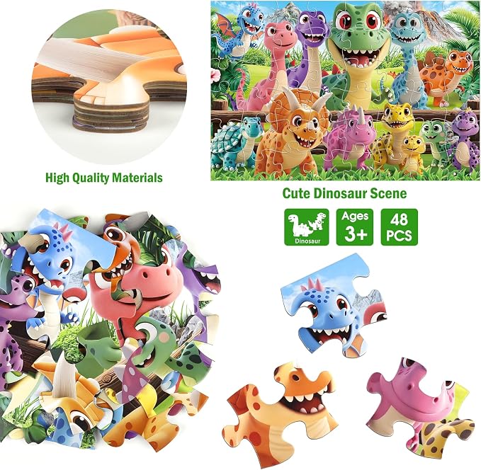 Jumbo Floor Puzzle for Kids,48 Piece Cartoon Dino Jigsaw Puzzle Ages 3-8 | Dinosaur Theme,Extra-Large Thick Pieces Fit Little Hands,35x24 in Completed，Preschool Gift for Boys and Girls Ages 3-8