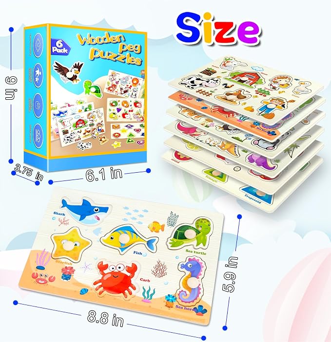 Wooden Peg Puzzles for Toddlers,Montessori Toddler Jigsaw for Child,Fine Motor Skill Learning Puzzle Toys for Baby Boys Girls Gifts-6 Pcs Shape,Farm,Sea Animal,Dinosaurs,Fruits,Animal