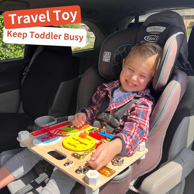 Montessori Busy Board for Toddlers 3+, Double Sided Sensory Board | 2-in-1, 20+Activities, Fine Motor Skills Toy, Calendar Learning Board, Life Skills Travel Toy