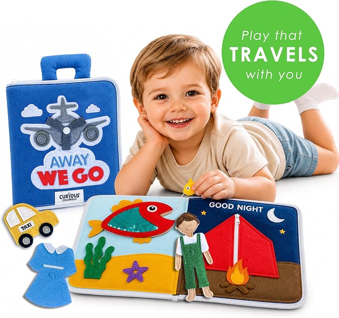 Curious Columbus Away We Go Busy Book, Fabric Travel Activity Quiet Book | 10 Colorful Vacation-Themed Pages, Motor Skill Activities, Sewn-In and Removable Pieces, 3D Pop-Ups, Airplane Travel Toy