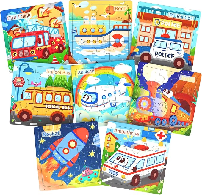Zeoddler Wooden Puzzles for Toddlers, 8 Pack Vehicle Jigsaw Puzzles for Kids3-5, 9 Pieces Preschool Learning Activities, Learning & Educational Toys, Gift for Boys, Girls