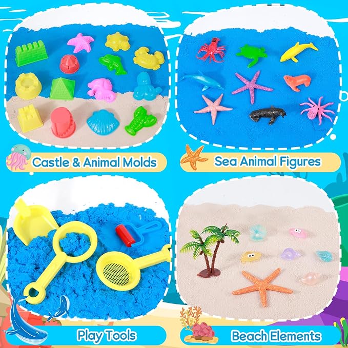 Mikiwon Ocean Sensory Bin, Sandbox Play Sand Art Kit with 1.65lbs Play Sand, Sea Animal Toys Molds, Sensory Play for Girls Boys Age 3 4 5 6 7 8, Beach Toys for Kids Xmas Birthday Gifts