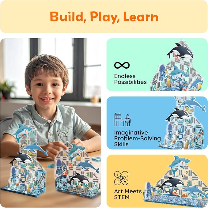 PicassoTiles Magnetic Tiles Aquarium Marine Animal Nano Construction Travel Set with Tin Storage Case Montessori Mini Magnet Tile Traveling STEM Activity Kit Early Learning Boys Girls Ages 3+ PNQ01