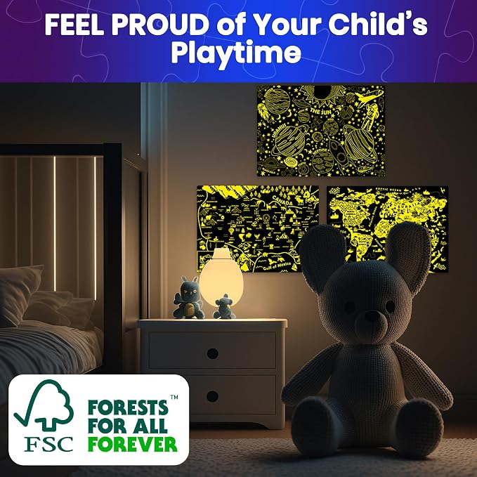 100 Puzzles for Kids Ages 4-6 - Educational Map Kids Puzzles Ages 6-8 | Glow-in-the-Dark USA Map, World Map and Solar System Kids Puzzles Ages 8-10 — Learning Geography Toys for 5-8 Year Old