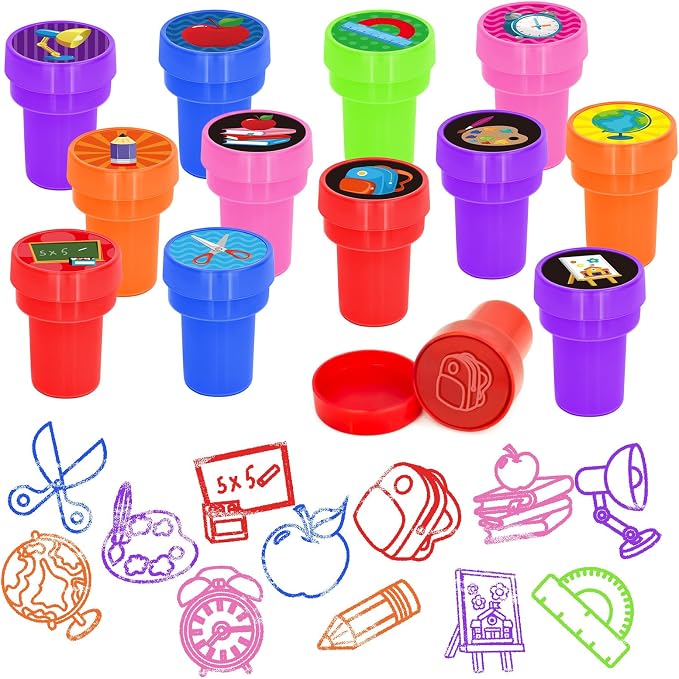Cinrobiye 24 Pcs Back to School Stampers Party Favor Set, Cute School Supplies Stamps for Kids Classroom Rewards, First Day of School Gifts, Carnival Prizes, Goody Bag Fillers, School Party Supplies
