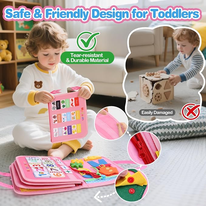 GONINO Toddlers Busy Book for 1-3 Year Old Girls, Montessori Busy Board | Fine Motor Skills Sensory Toy, Travel Toys for Airplane Car, Baby Activities Books, Pink Gift for Girls