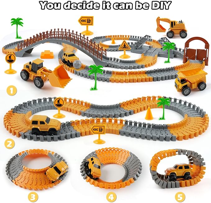 Construction Race Car Track Set for Kids - Flexible Engineering Toys with 2 Electric Cars, Birthday Gift for 3 4 5 6 7 Year Old Boys, DIY Road Games Playset with 220+ PCS