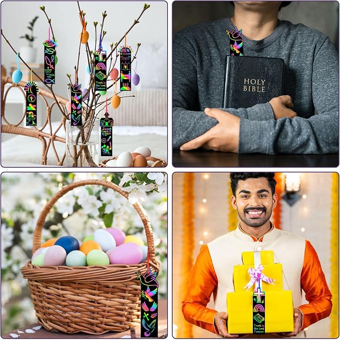 JUNEBRUSHS 30Pcs Religious Crafts for Kids, Easter Rainbow Color Scratch Art Bookmarks Resurrection Cross Religious Gifts for Kids Sunday School Church Bible Crafts Kits