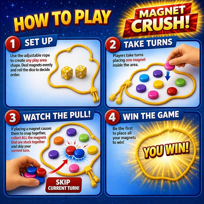 Magnet Crush Magnetic Strategy Board Game (Rainbow) for Kids & Adults, Fun Tabletop Magnet Placement Game, STEM Educational Toy, Family Party Game, Travel Game, Puzzle Brain Teaser, Gift for Ages 9+
