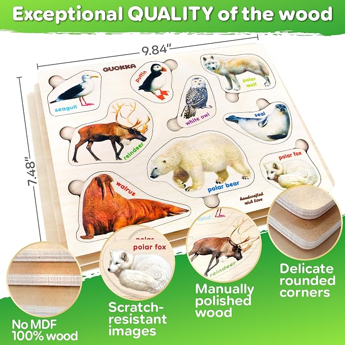 Wooden Puzzles for Toddlers 1-3 - 3 Montessori Kids Puzzles Ages 2-4 | Realistic Wood Puzzle for Toddlers 3-5 Boy and Girl - Learning Insects, Arctic Animals and Birds for Children